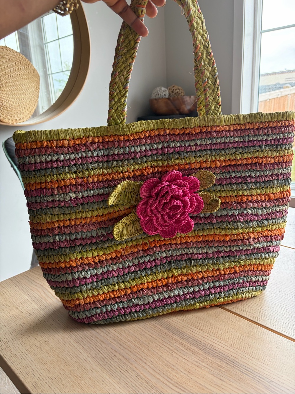 Handwoven Multicolor Straw Tote with Pink Flower